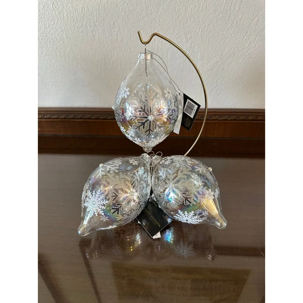 Robert Stanley Iridescent Glass Snowflake Ornaments Set of 3 Teardrop 6'' Jumbo